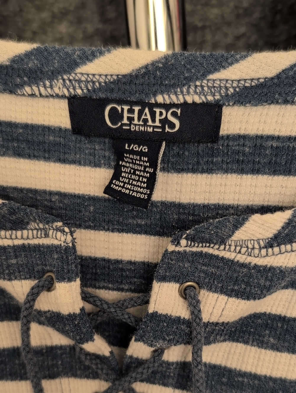 Chaps Striped Lace-Up Knit Top in Navy and Cream